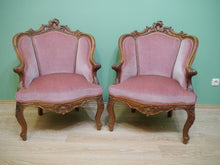 Lade das Bild in den Galerie-Viewer, 2 Bergeren Rokoko Armlehnen Stühle Sessel Nussbaum massiv Schellack um 1860